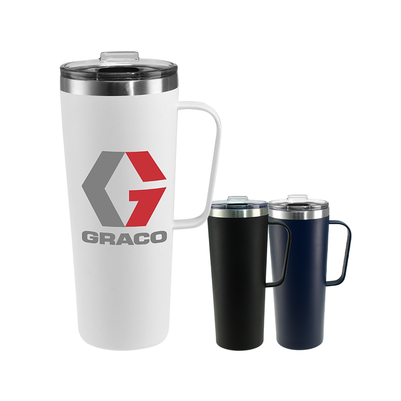 Custom 28 oz enzo travel mug with logo imprint, satin finish, vacuum insulated. Available in white, black and blue.