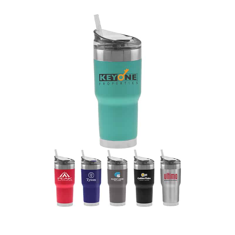 Custom 27 oz impulse travel mug with logo, powder coat finish and included straw