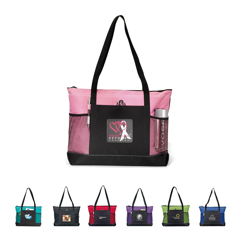 Select Custom Zippered Tote Bag Bulk displaying the large front imprint area, secure zippered main compartment, and dual mesh water bottle pockets.