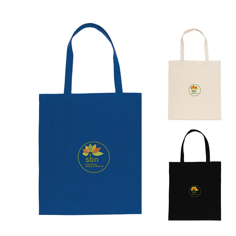 Bulk Order of Impact AWARE Custom Recycled Cotton Totes Bulk in Natural color, showing the gusseted bottom for extra capacity and the large imprint area for custom branding.
