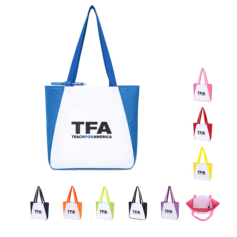 Arlo Custom Printed rPET Tote Bag Bulk in multiple color options, showing the custom logo imprint area and the durable 25" shoulder straps.
