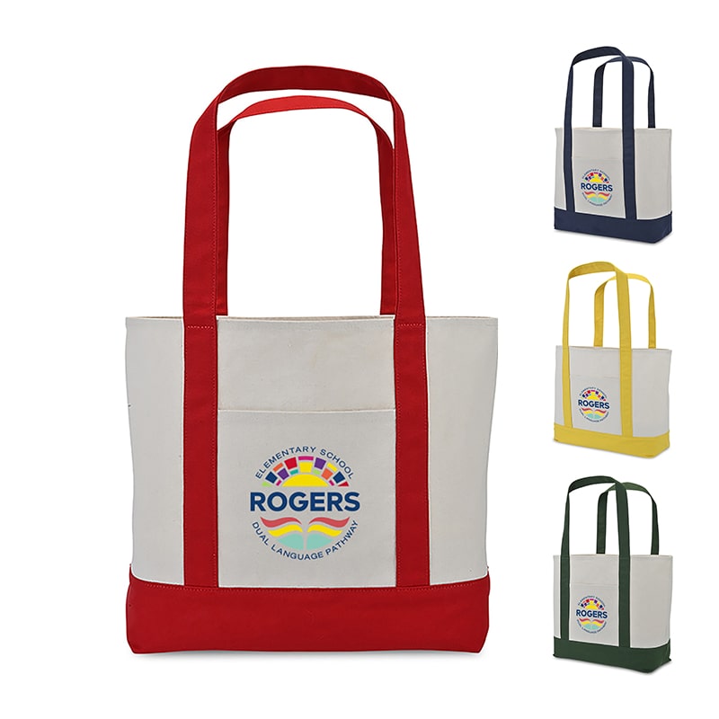 Mockup showing Custom Logo Large Canvas Tote Bags in four colors (Navy, Green, Red, Yellow) with a visible deep front pocket.