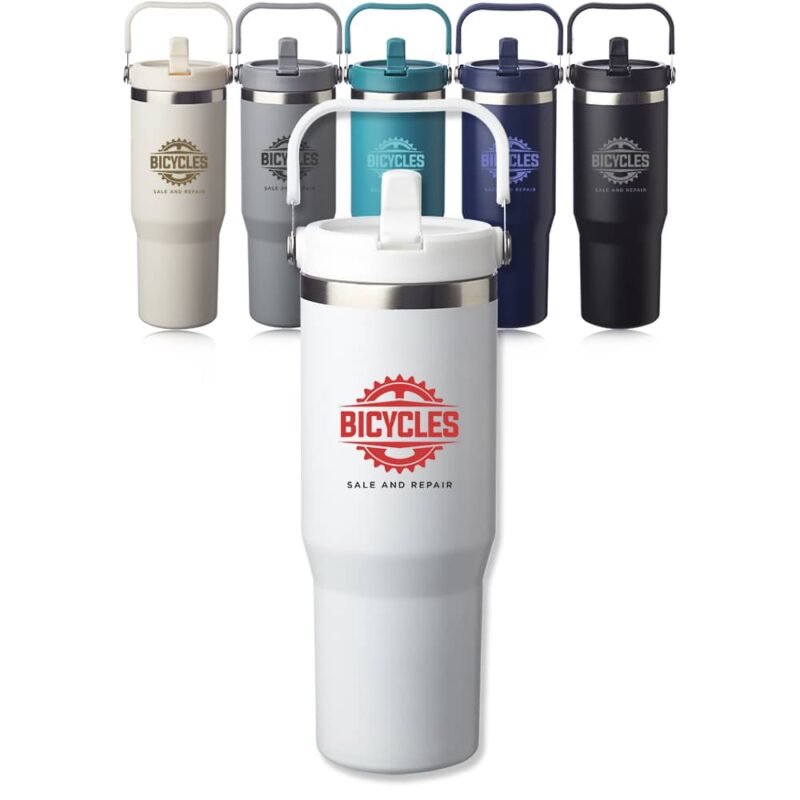 Custom 30 oz Travel Mug Bulk with Handle. Available Colors: Black, Light Gray, Navy Blue, Teal, Cream, and White