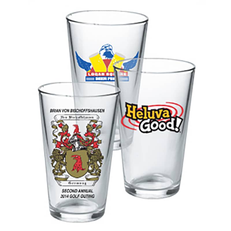 Custom pint glasses 16 oz ideal for personalized logos, wholesale orders, and bulk event favors.