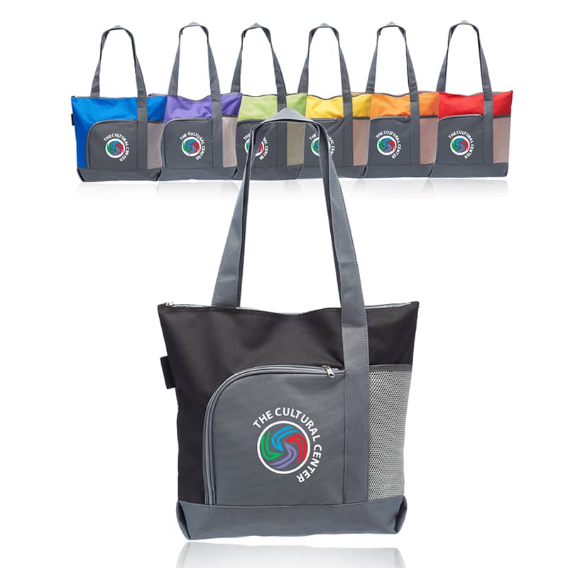 Custom On-The-Go Two Tone Tote Bag in black and gray, featuring a round logo imprint on the front zippered pocket.Custom On-The-Go Two Tone Tote Bag in black and gray, featuring a round logo imprint on the front zippered pocket.