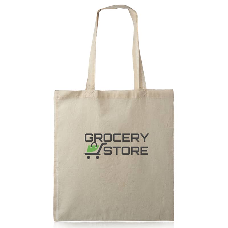 mage of a natural colored Custom Sturdy Custom Cotton Canvas Tote Bag with a large custom logo.