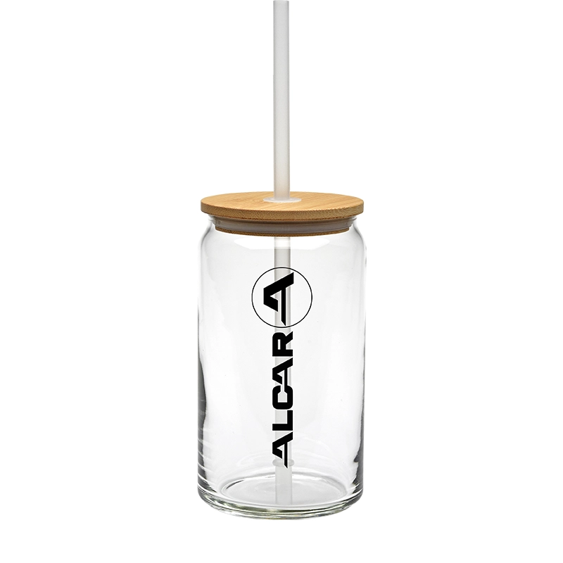custom glass can with bamboo lid and straw bulk 6 oz with logo