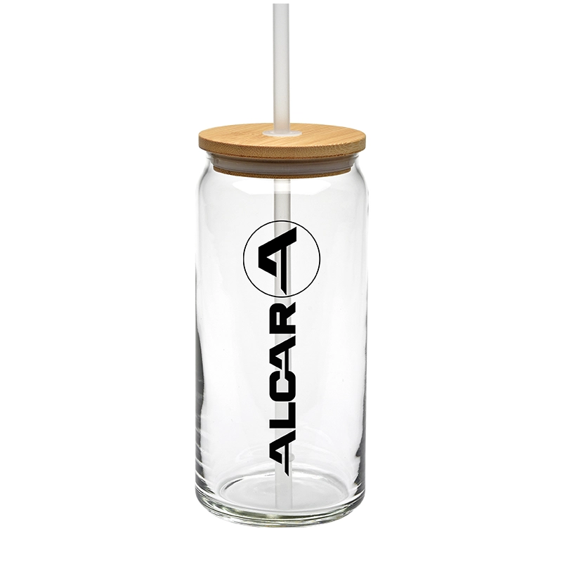 custom 20 oz glass can with bamboo lid and straw with personalized imprint