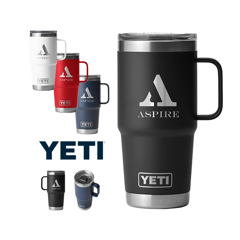 Personalized 20 oz YETI Rambler Travel Mug with custom logo on the 360-degree welded handle.