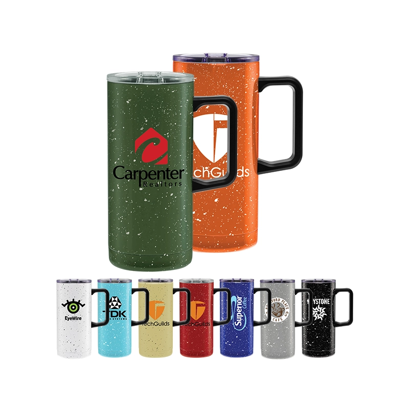 Acadia Stainless Steel Travel Mugs 18 oz with speckled finish, push lid, and fits car cup holders, ready for branded logos.
