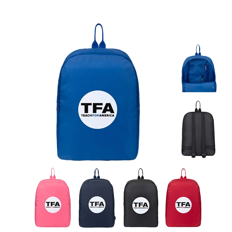 Branded Arlo rPET Basic Backpack Bulk in Navy Blue, showing the main compartment and rPET material tag.