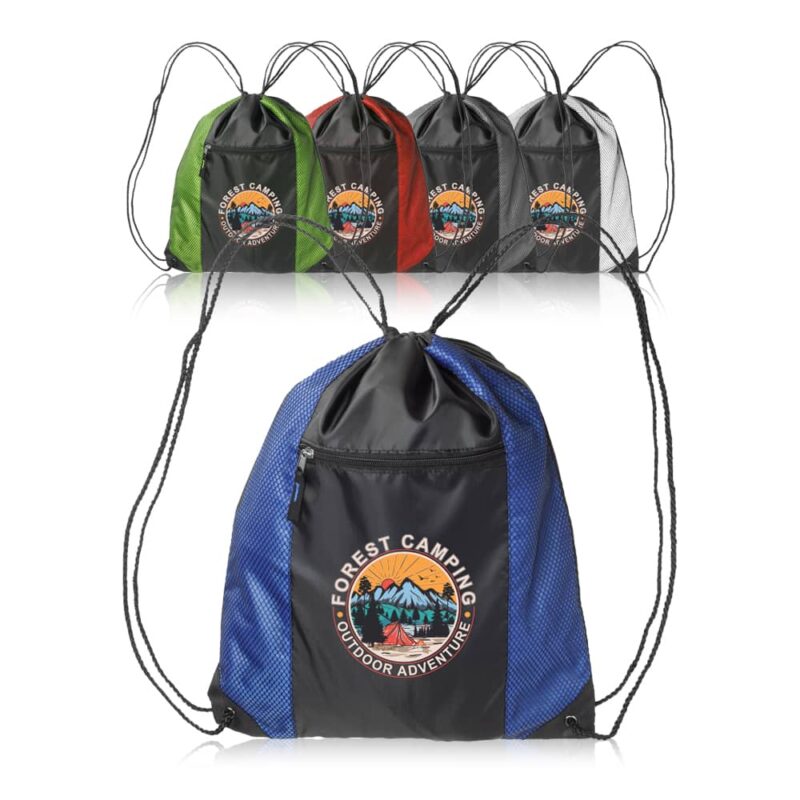 Personalized Drawstring Backpacks Mesh Pocket Zipper Full Color Imprint