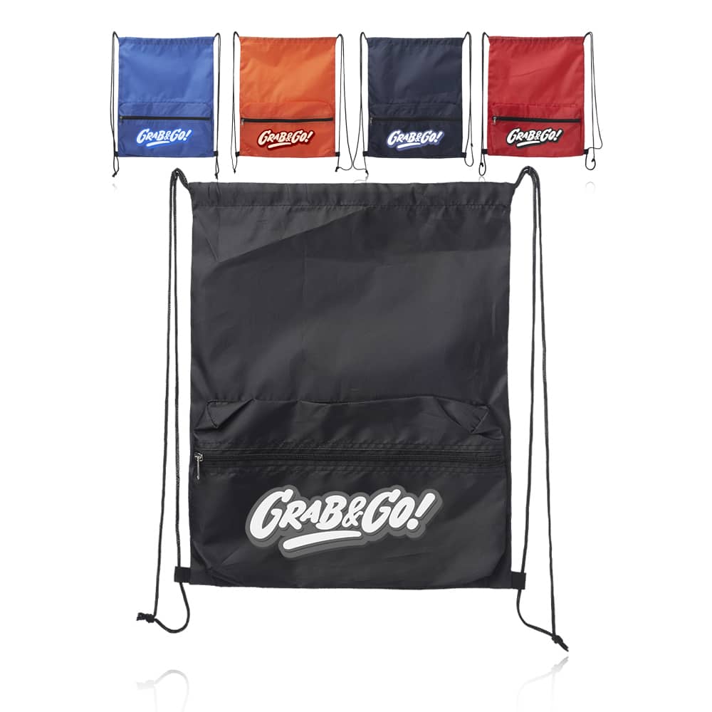 Custom Low as 12 Pieces - Drawstring Augusta Backpack w/Front Pocket 1 Custom Drawstring Augusta Backpack Bulk with a zippered front pocket and large visible logo area.