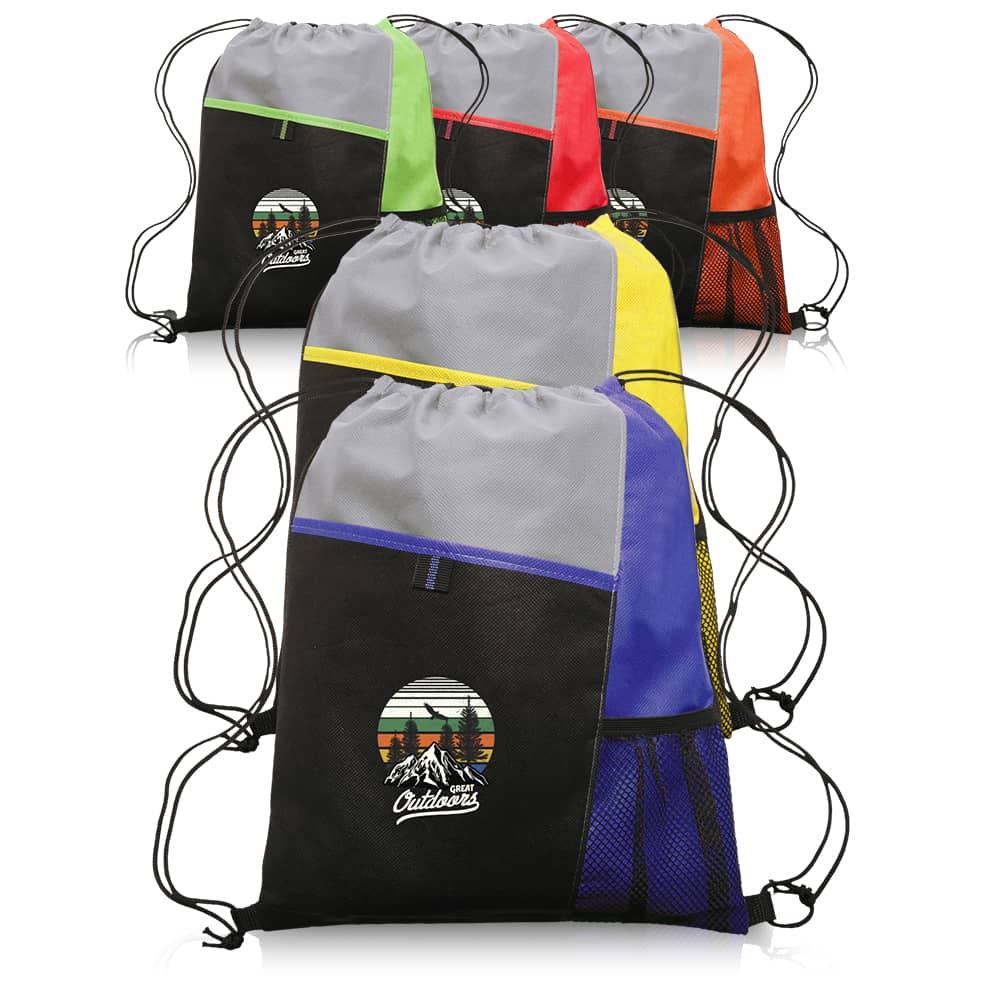 Custom Low as 12 Pieces - Drawstring Backpack w/Mesh Pocket 1 Personalized Drawstring Backpack w/Mesh Pocket Bulk, showcasing custom logo and side mesh pocket.
