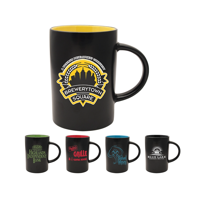 Midnight Marco Ceramic Mugs 14 oz with duo-tone satin finish, perfect for imprinted company logos and event favors.