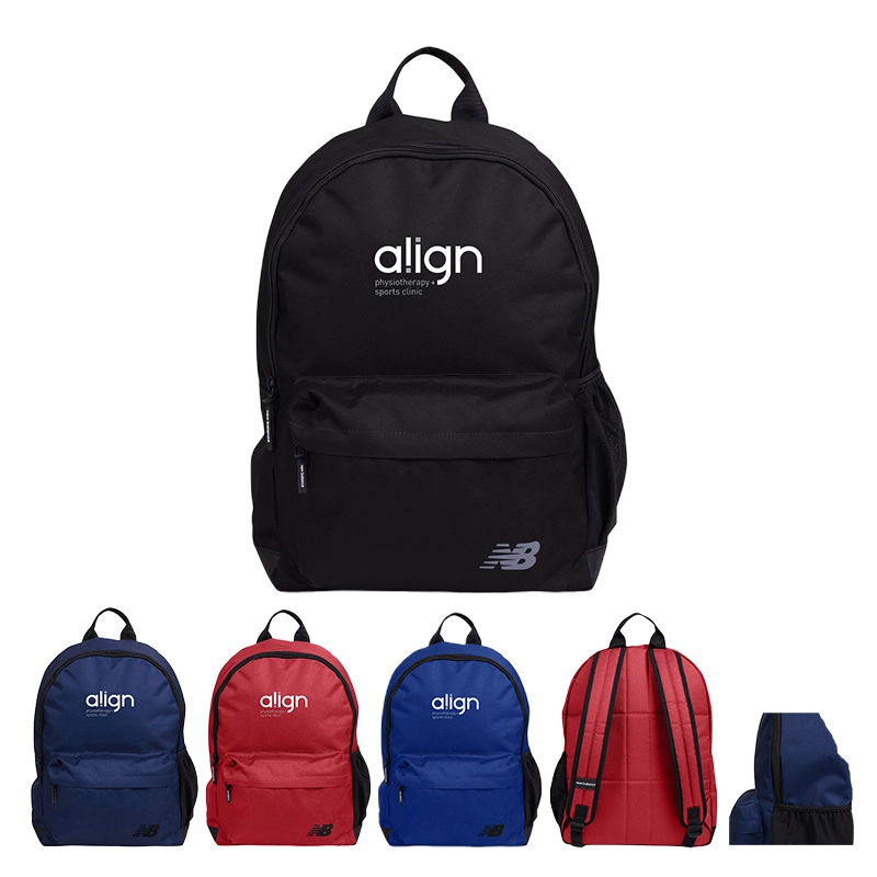 Branded New Balance Essentials Backpack Bulk in Navy Blue, showing 16-inch laptop sleeve access.