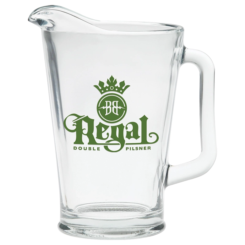 Personalized 60 oz Glass Pitcher Bulk with a large custom logo.