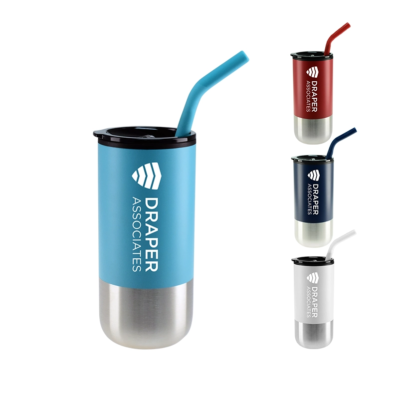 Custom Vigo Travel Mugs Wholesale (16 oz) with stainless steel straw and corporate branding . Available in Navy, Aqua, White, Red.