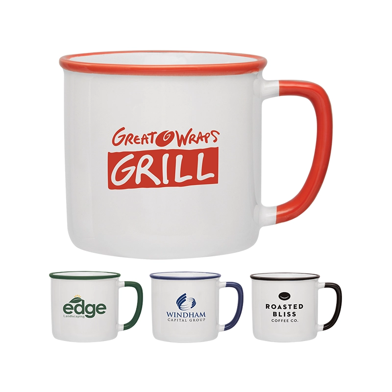 Yosemite Camper Ceramic Mugs 14 oz with glossy white finish, flared lip, and flat-top handle, ready for personalized logos.