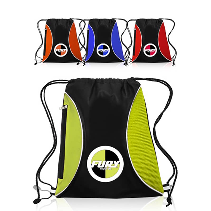 custom Get Zipper Drawstring Backpacks Wholesale featuring a zippered pocket, mesh side, and 16 lb tolerance. Perfect for branded bulk giveaways. Includes free proof and art prep.